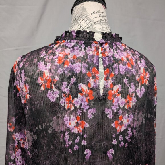 Simply Vera Vera Wang Black Floral Sheer Blouse Ruffle Mock‎ Neck Women's XL - Picture 5 of 8